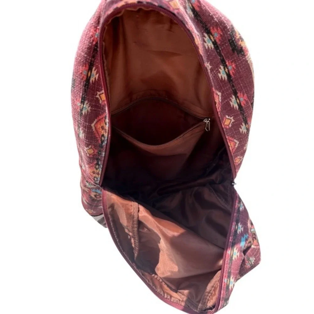 Southwestern Canvas Backpack Burgundy Brown Boho Multiple Pockets‎ Medium